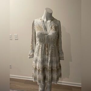 Hale Bob White Dress with Gold Embroidered Boho Detail